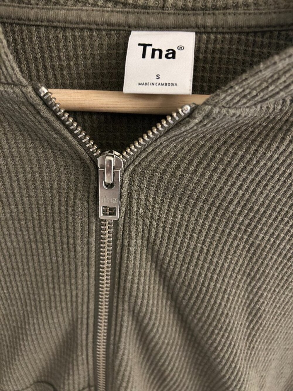 TNA Cropped Waffle Zip-up, Army Green (Size S)